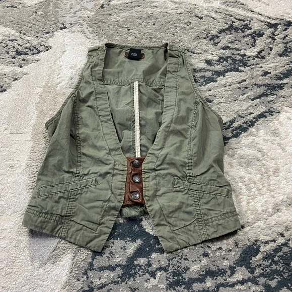 Y2K Calvin Klein Jeans Cropped Utility Vest Sz S Olive Green Leather Trim - Picture 1 of 6
